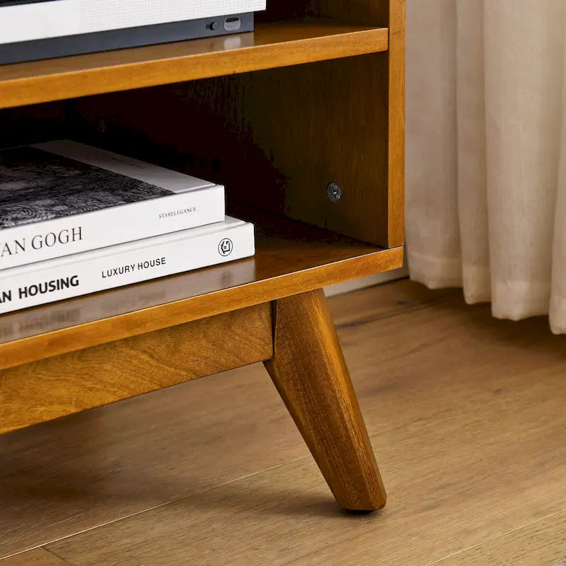 Mobile TV vintage in rattan con 2 armadietti e 4 gambe in legno per soggiorno, camera da letto e ufficio
