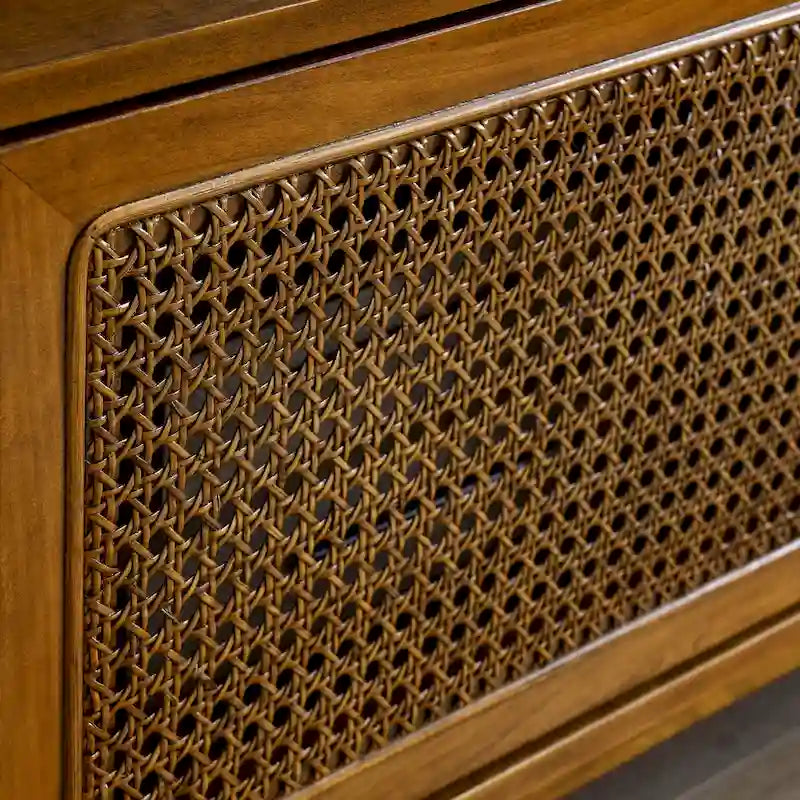 Mobile TV vintage in rattan con 2 armadietti e 4 gambe in legno per soggiorno, camera da letto e ufficio