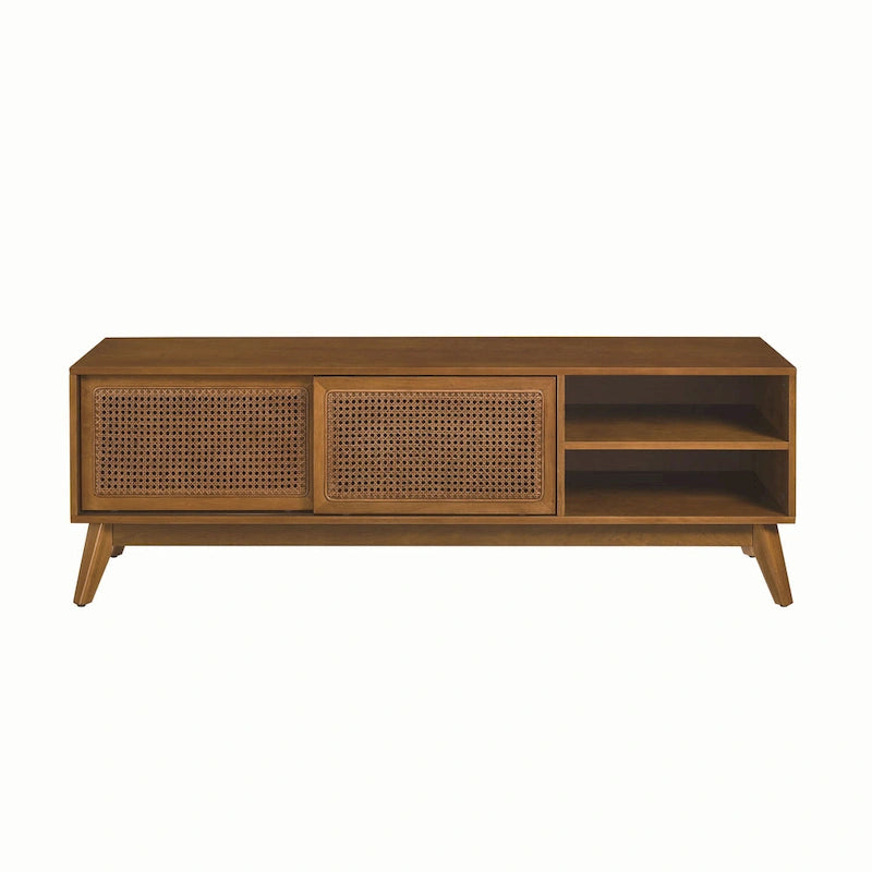 Mobile TV vintage in rattan con 2 armadietti e 4 gambe in legno per soggiorno, camera da letto e ufficio