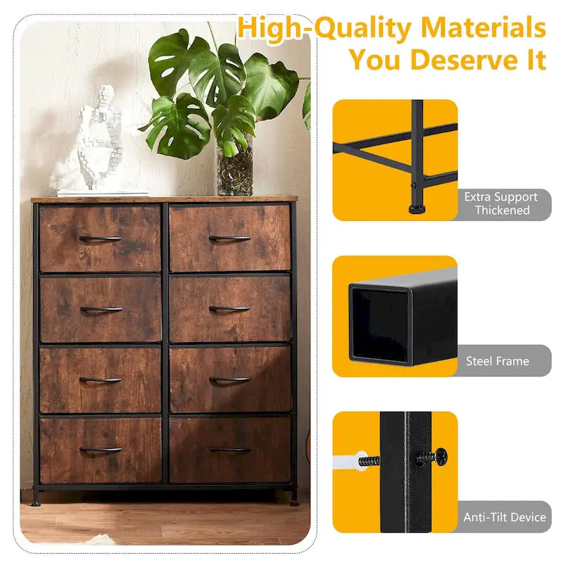 Elegante cassettiera a 8 cassetti per camera da letto, torre organizer alta con piano in legno