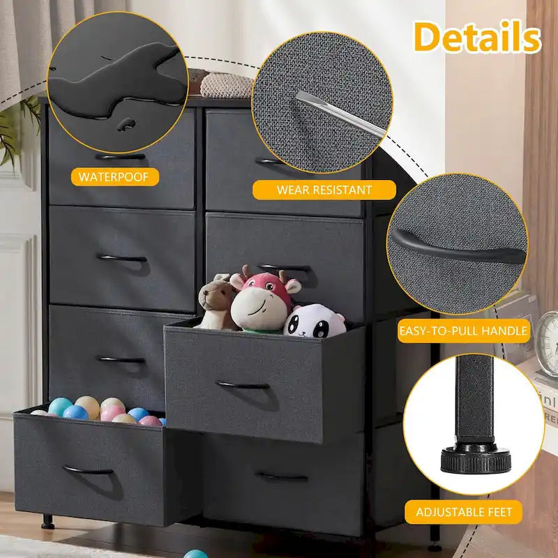 Elegante cassettiera a 8 cassetti per camera da letto, torre organizer alta con piano in legno