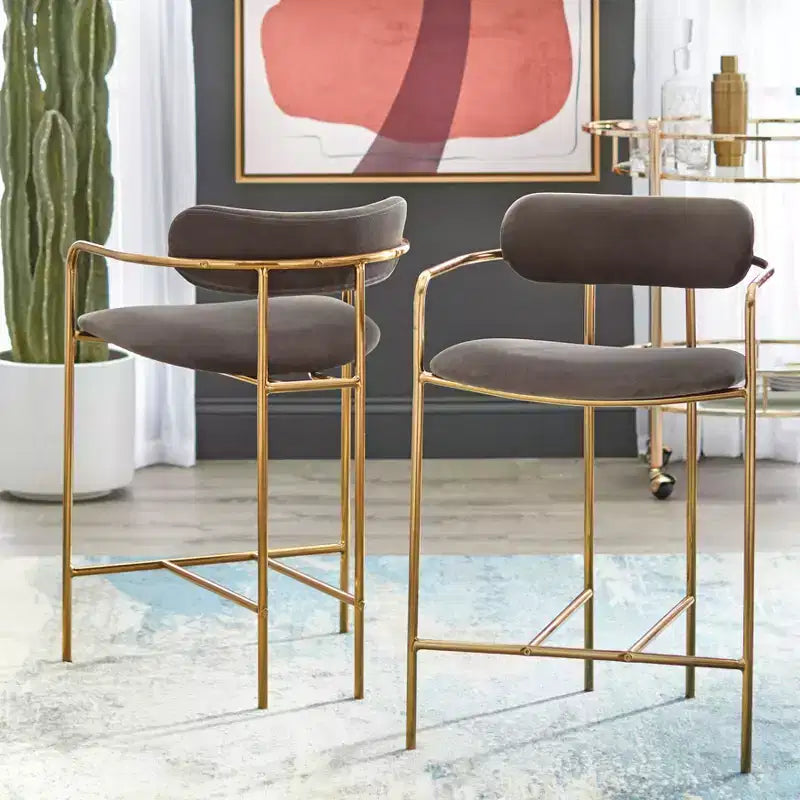 Set di 2 sgabelli da bar retro in velluto, altezza bancone 61 cm