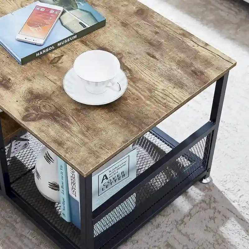 Tavolino da Caffè Rettangolare Industriale in Legno con Ripiano Contenitore, Scrivania da Tè per Casa con Telaio in Metallo