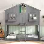 Letto a castello a casetta da una piazza e mezza con tetto, finestra, fioriera, porta, con sponde di sicurezza e scaletta, grigio