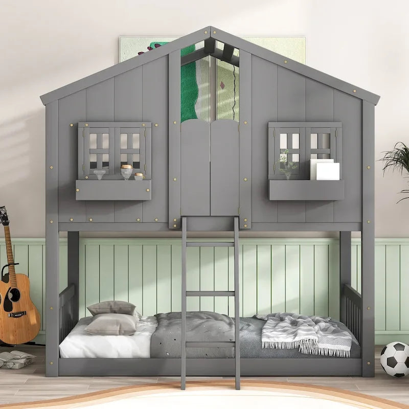 Letto a castello a casetta da una piazza e mezza con tetto, finestra, fioriera, porta, con sponde di sicurezza e scaletta, grigio
