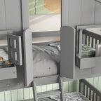 Letto a castello a casetta da una piazza e mezza con tetto, finestra, fioriera, porta, con sponde di sicurezza e scaletta, grigio
