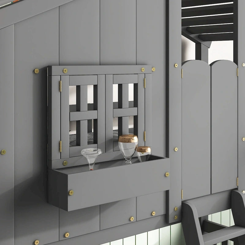 Letto a castello a casetta da una piazza e mezza con tetto, finestra, fioriera, porta, con sponde di sicurezza e scaletta, grigio