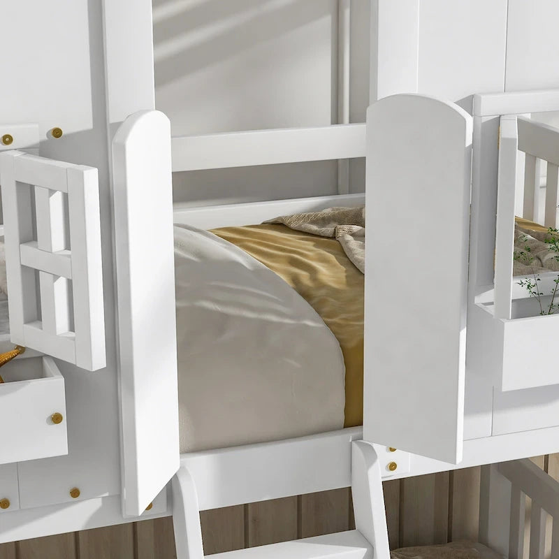 Letto a castello a casetta da una piazza e mezza con tetto, finestra, fioriera, porta, con sponde di sicurezza e scaletta, grigio